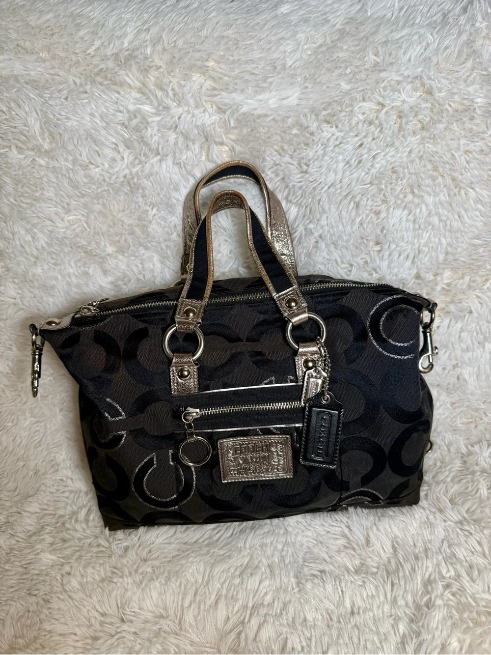 Coach Poppy Y2K Black Metallic Silver Glam Signature Canvas Tote Shoulder Bag